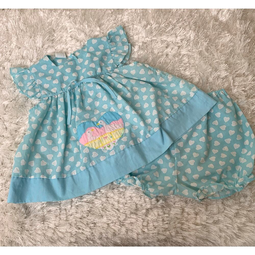 Vintage Aqua Blue Heart Print 2 Piece Set Dress Bloomers Sz 24 Months